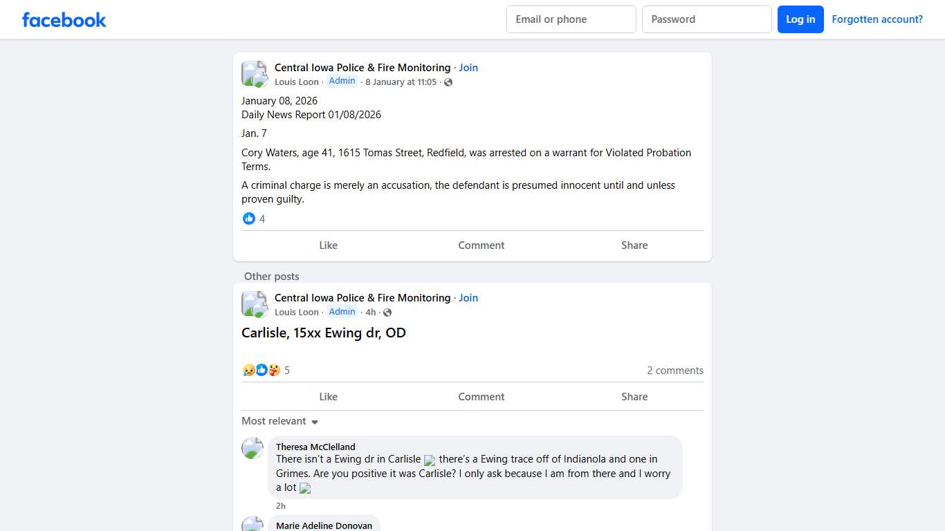 Central Iowa Police & Fire Monitoring January 08, 2026 Facebook